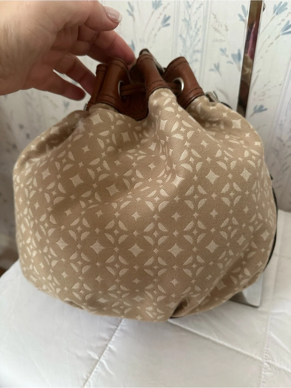 Fossil Beige Patterned Drawstring Bucket Bag with Brown Trim - Picture 3 of 16